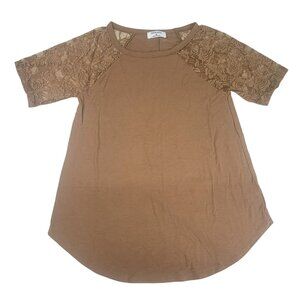 Zenana Raglan Tee Lace Sleeves Brown Camel Womens Size Medium New in Bag